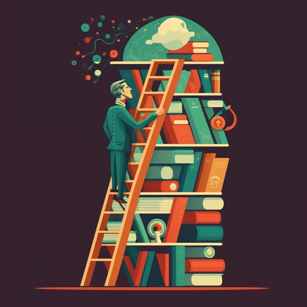 A man climbs a ladder on a bookshelf