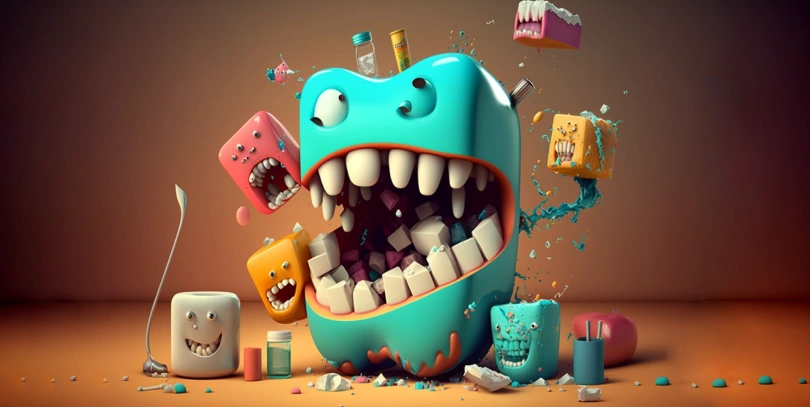 Cartoon image of a tooth with decay eating sweet food