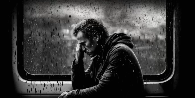 A sad man sits in front of a window in the rain