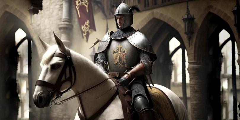 A knight rides his horse through a medieval city