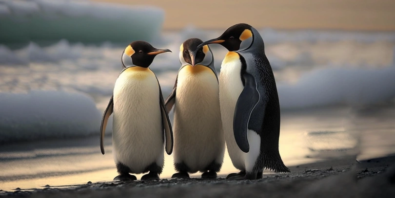 Three penguins on the shore