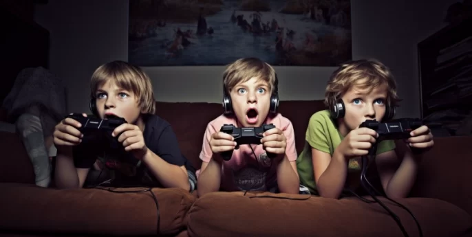 3 kids playing video games